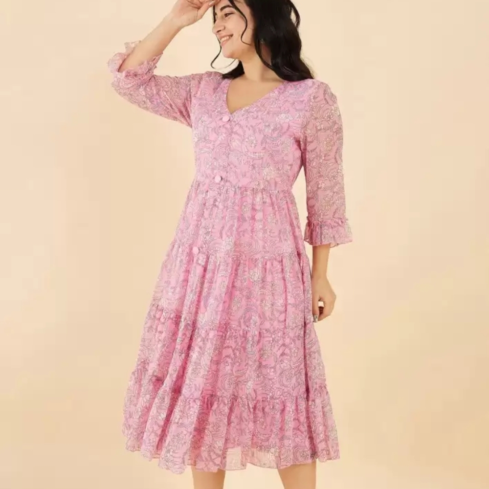 Pink Ruffled Tiered Midi Dress with Bishop Sleeves